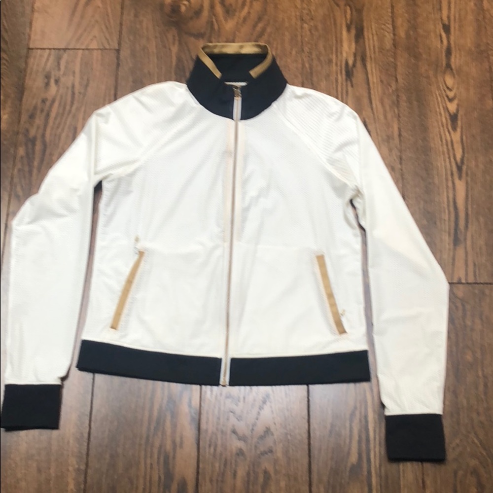 Lululemon white jacket w/black/gold trim size 10